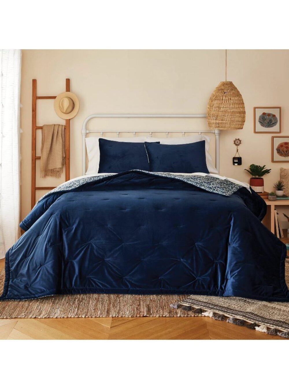3-pc DENIM BLUE Wild Sage Velvet Floral Reversible FULL QUEEN Quilt Set NOT Navy